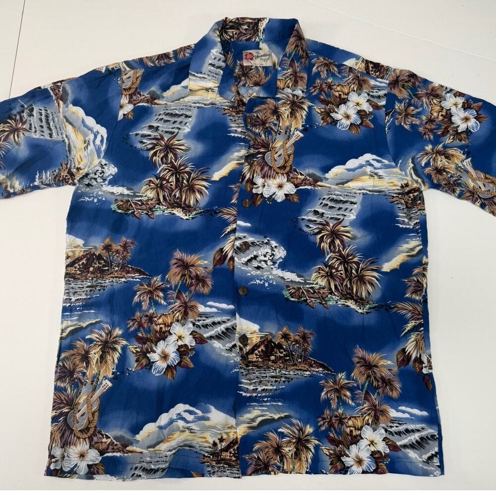 Men’s Vintage Size Large Blue Hawaiian Original “Palm Tree Island”Hawaiian Shirt